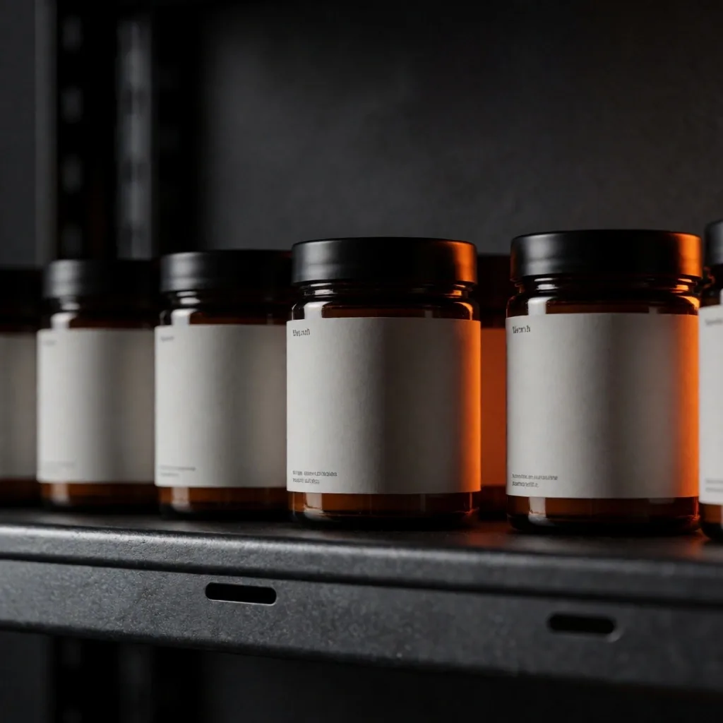VitalBase supplement bottles on industrial shelving