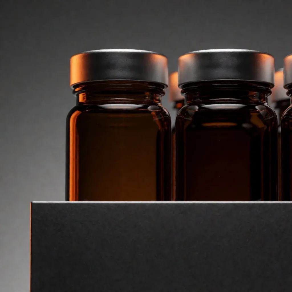 VitalBase supplement bottles on a graphite plinth in low light