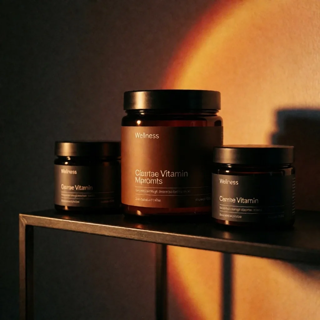 VitalBase supplement bottles on dark shelf