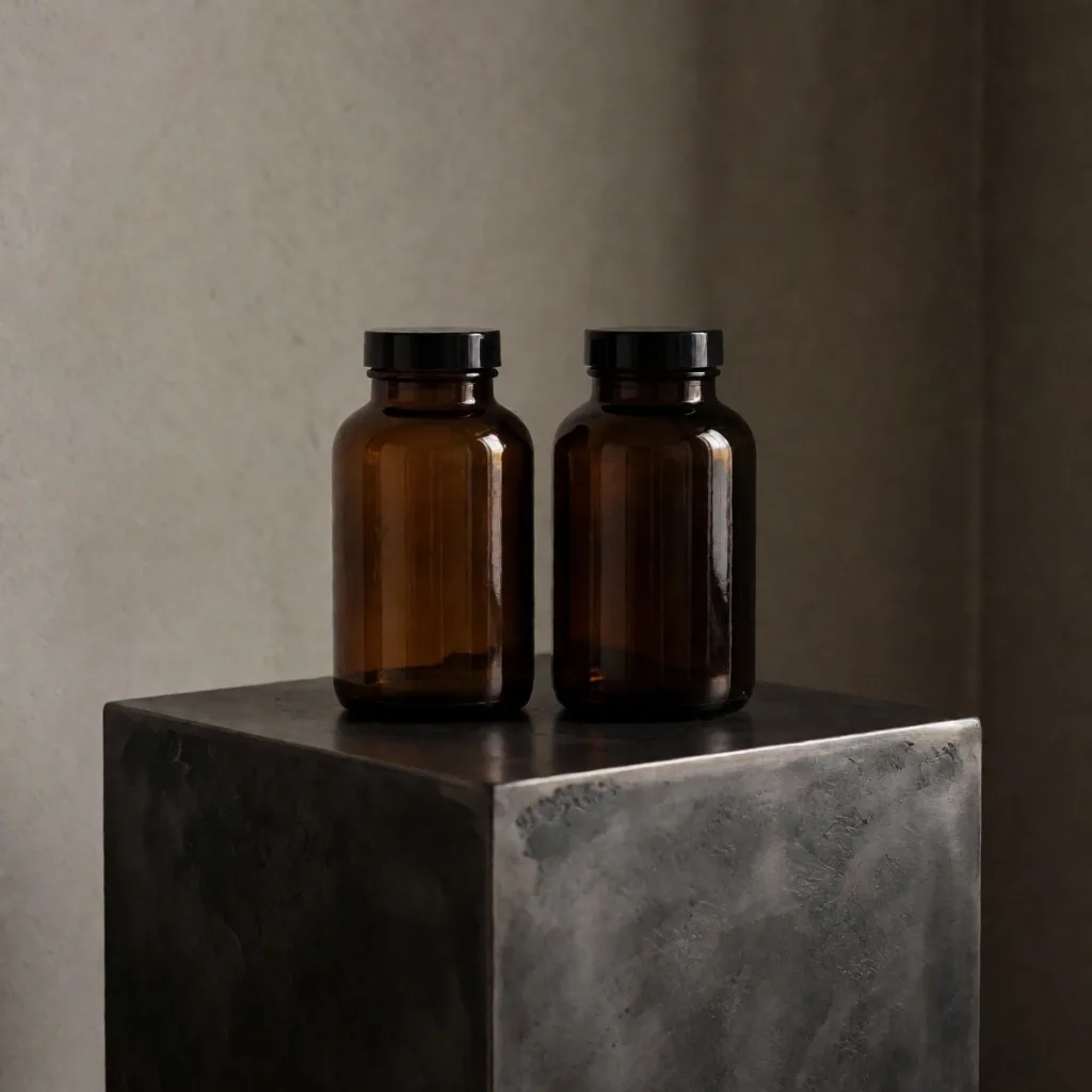 VitalBase supplement bottles on a dark metal plinth