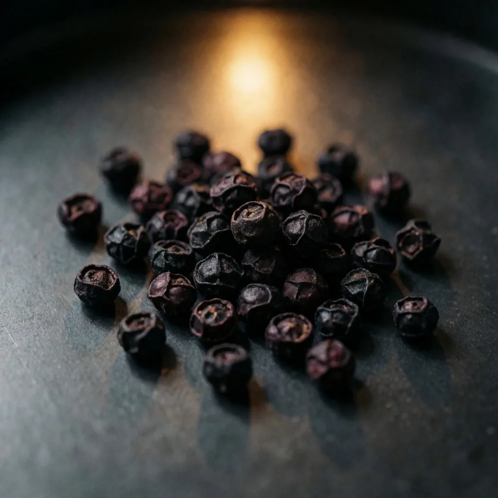 Dried elderberries on a dark metal surface