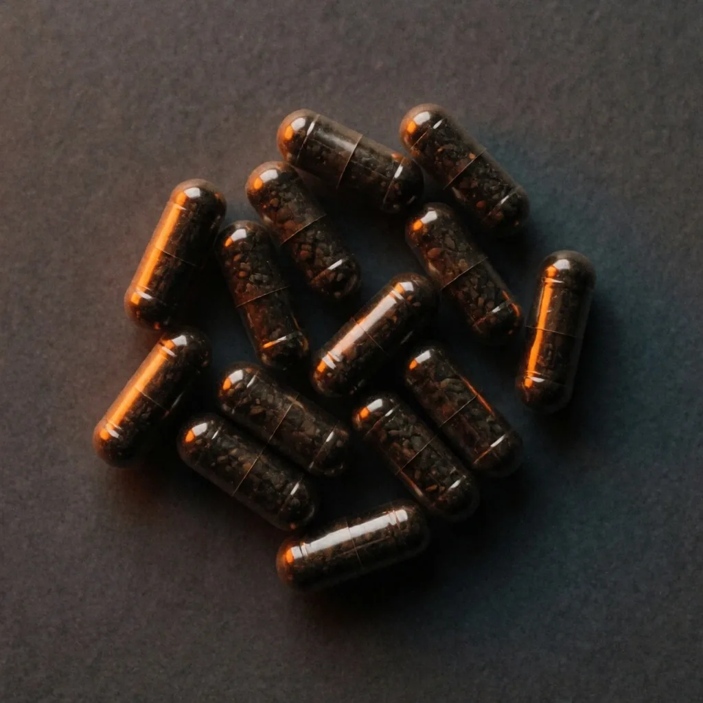 Supplement capsules on a dark surface
