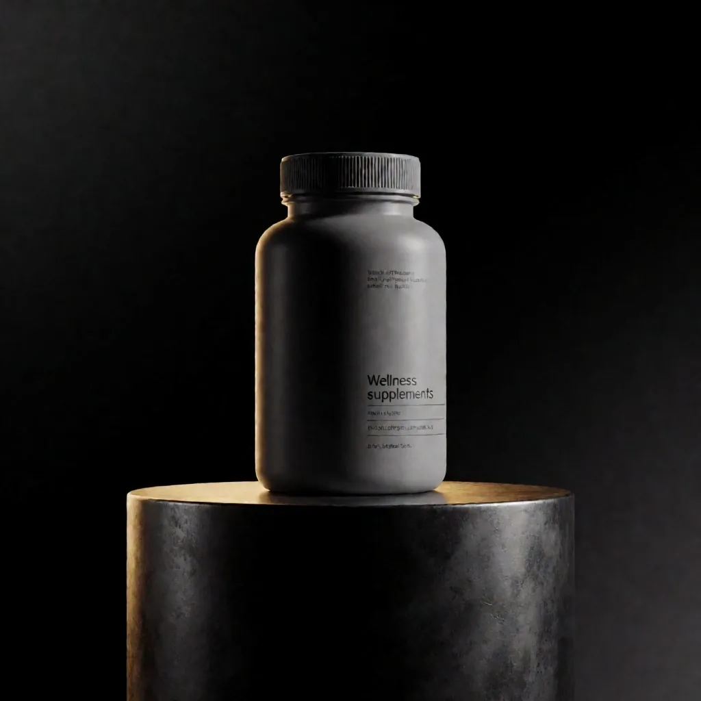 VitalBase supplements on textured metal plinth in low light