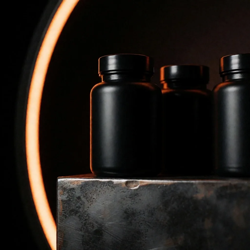 Dark supplement bottles on a metal surface under low orange light