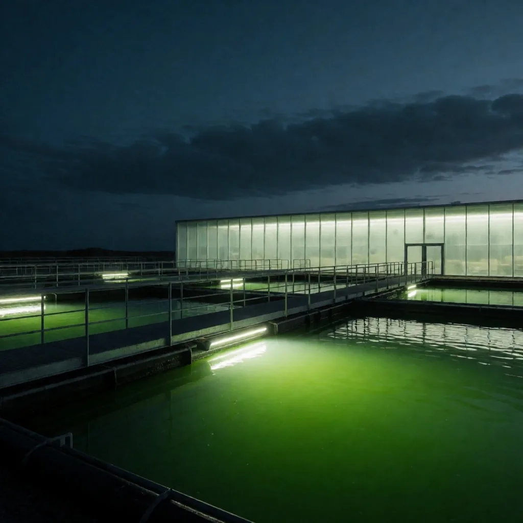 Aerial view of algae cultivation ponds