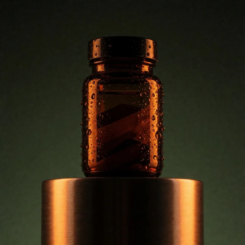 Plant-Based Omega supplement bottle on a metal plinth
