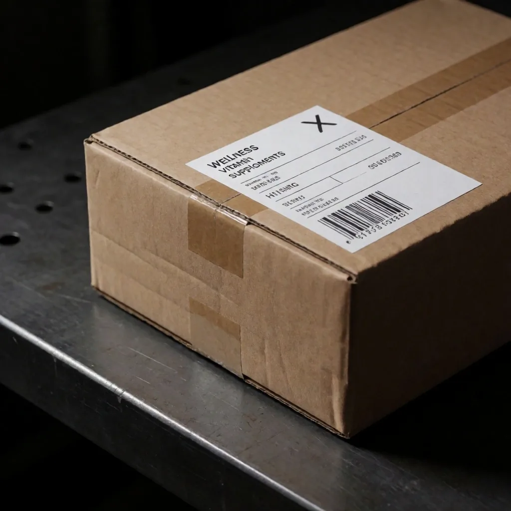 A sealed shipping parcel with a tracking label on a dark workbench