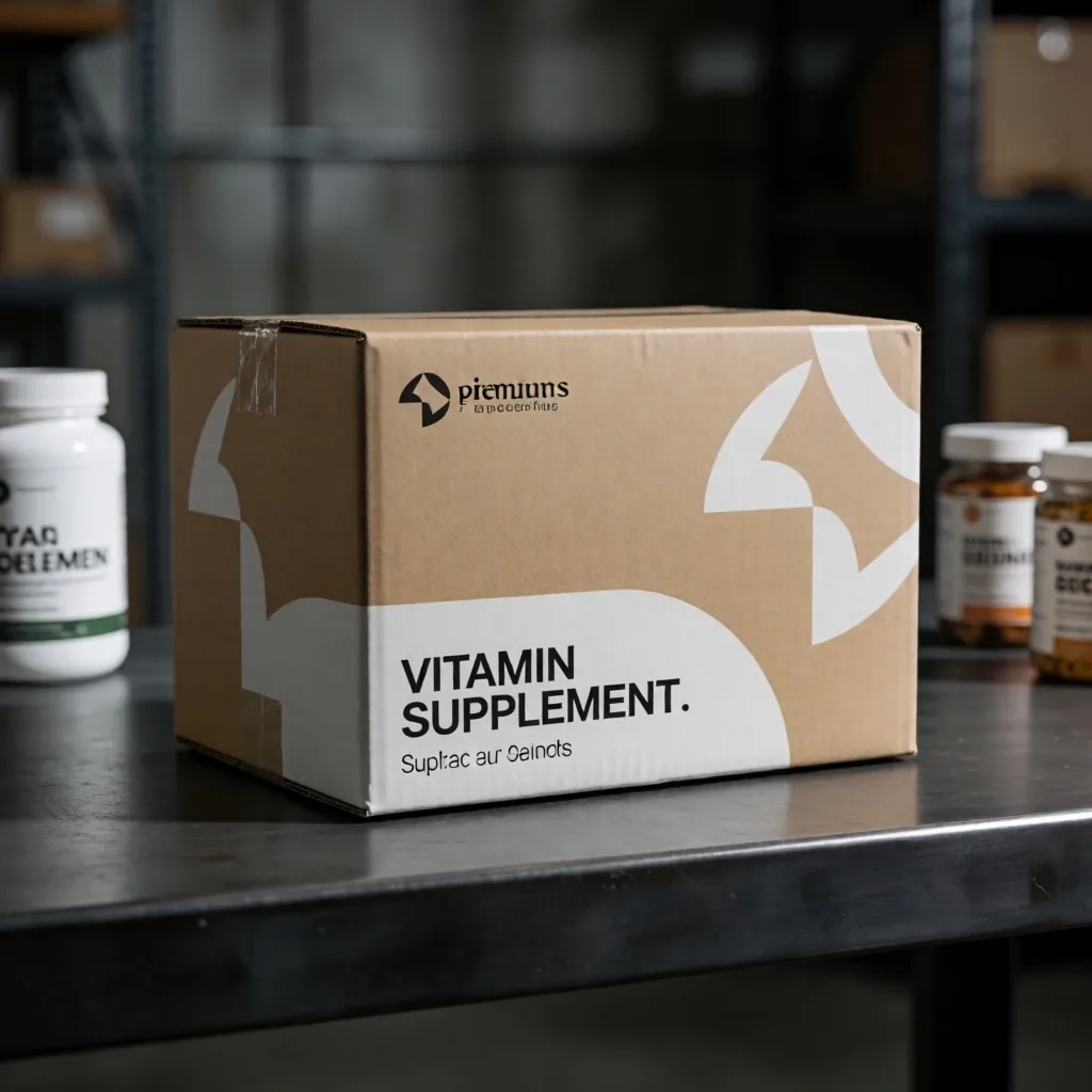 VitalBase warehouse environment with supplement bottles on a dark metal surface