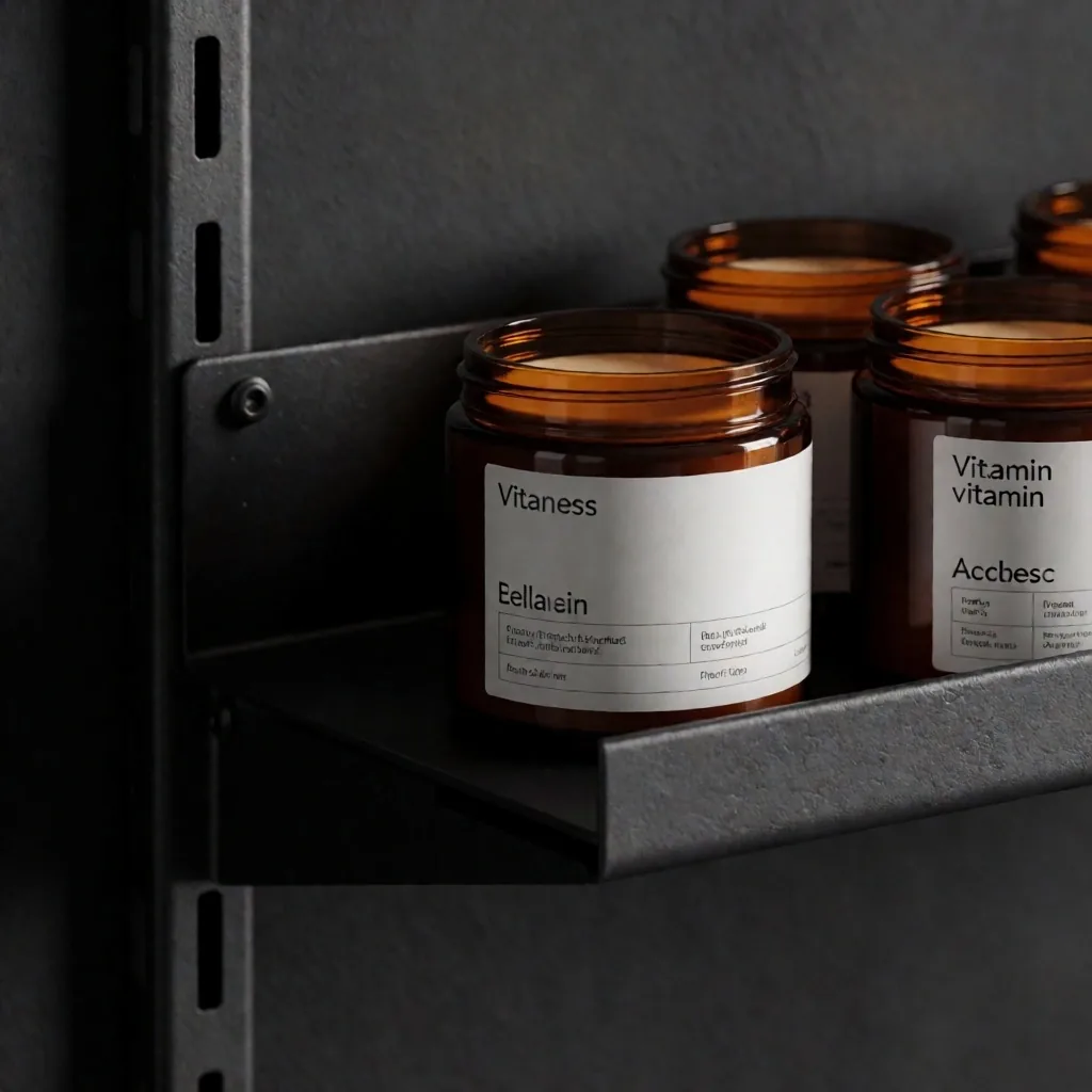 VitalBase supplement bottles on metal plinth