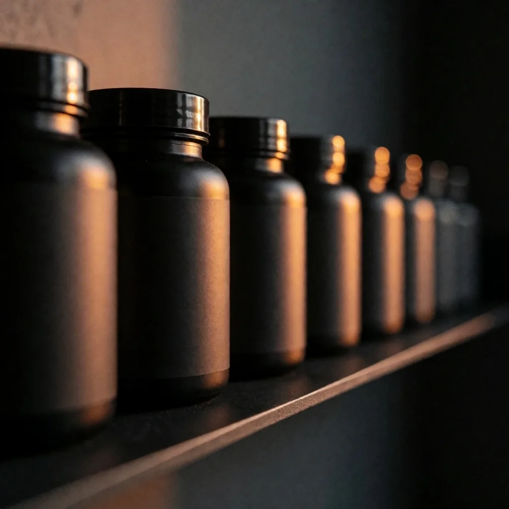 Supplement bottles arranged on a dark metal shelf