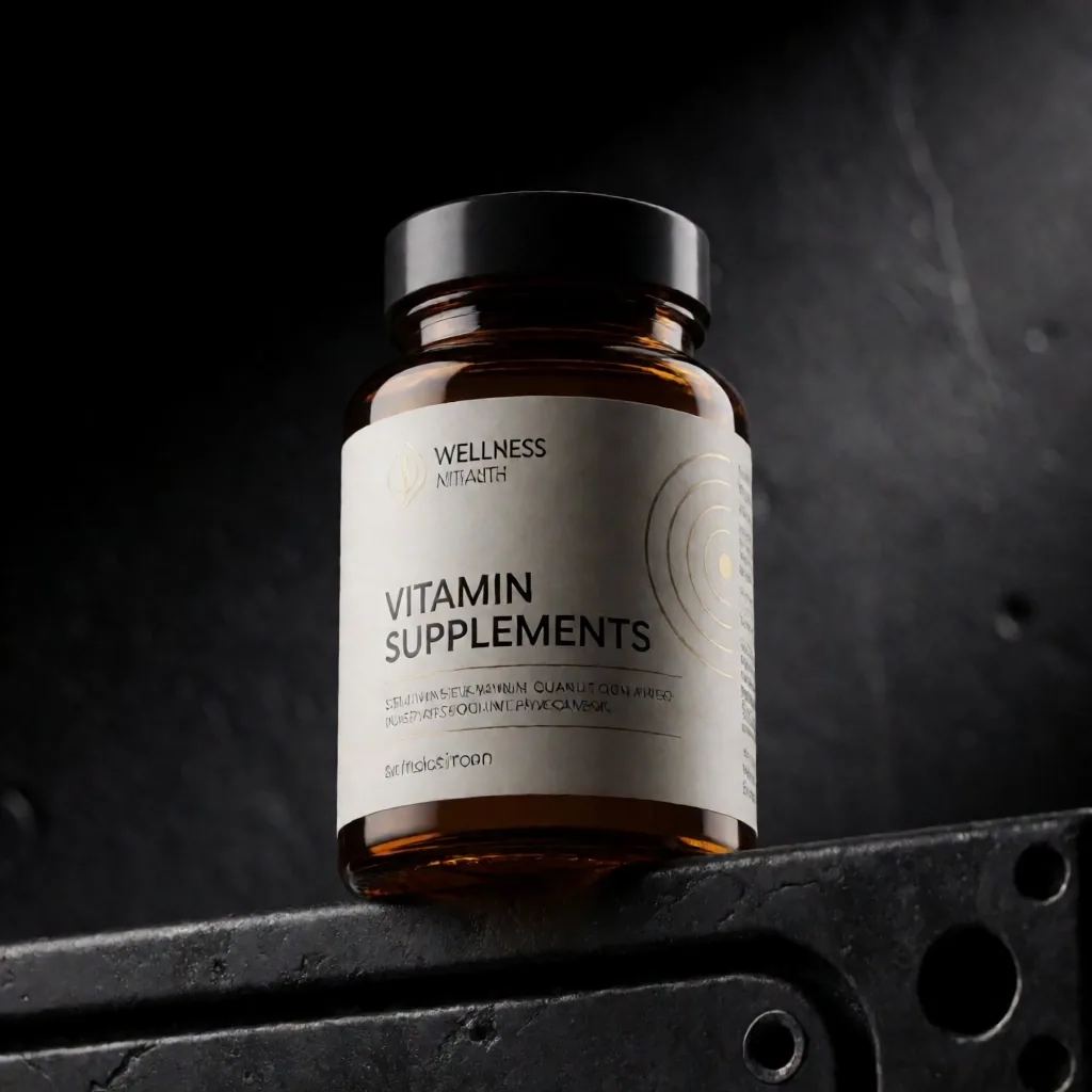 VitalBase supplement bottles on a graphite plinth
