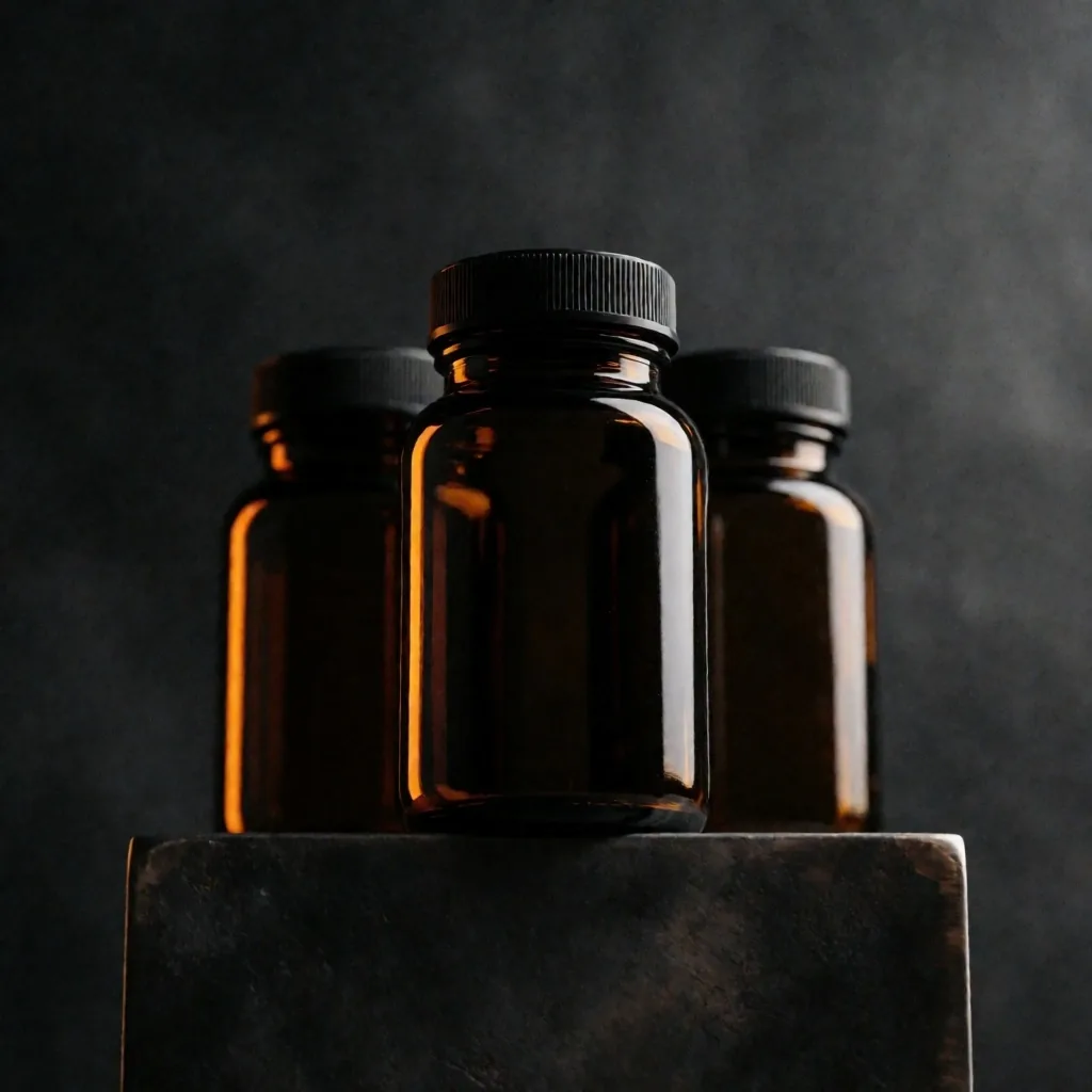 Supplement bottles on a dark metal surface under a warm orange signal light