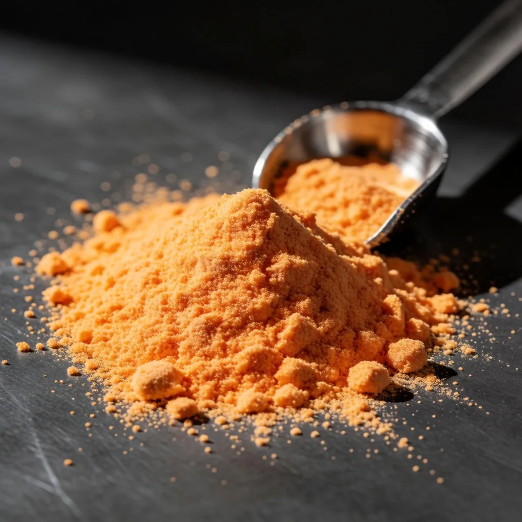 Close-up of vitamin powder texture on dark metal