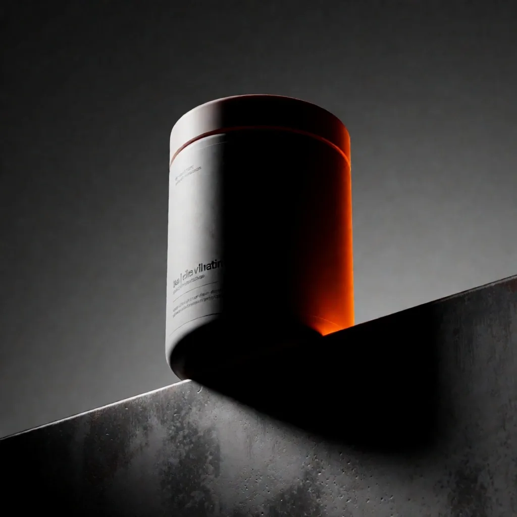 Vitality Complex supplement bottle on a dark metal surface